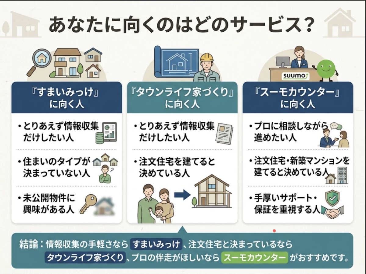 情報収集の手軽さを求めるならすまいみっけ、注文住宅と決まっているならタウンライフ家づくり、プロの伴走がほしいならスーモカウンターが向くという3サービス比較図解
