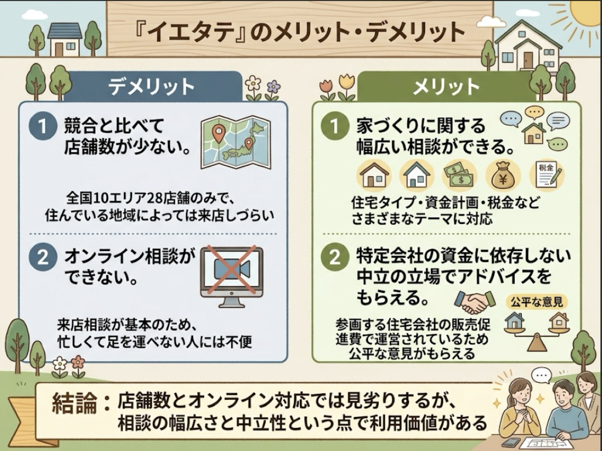 イエタテは店舗数の少なさとオンライン相談不可というデメリットがある一方、幅広い相談内容と中立的なアドバイスというメリットがあることを示す図解