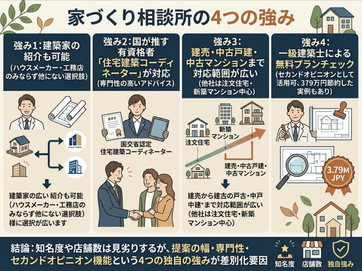 家づくり相談所の4つの強み(建築家の紹介、有資格者の住宅建築コーディネーターが対応、対応できる住宅の種類の広さ、一級建築士による無料プランチェック)を示す図解