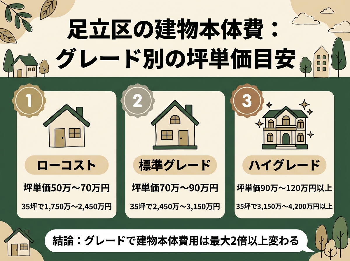 ローコスト・標準グレード・ハイグレードという足立区の建物本体費のグレード別坪単価を示す図解