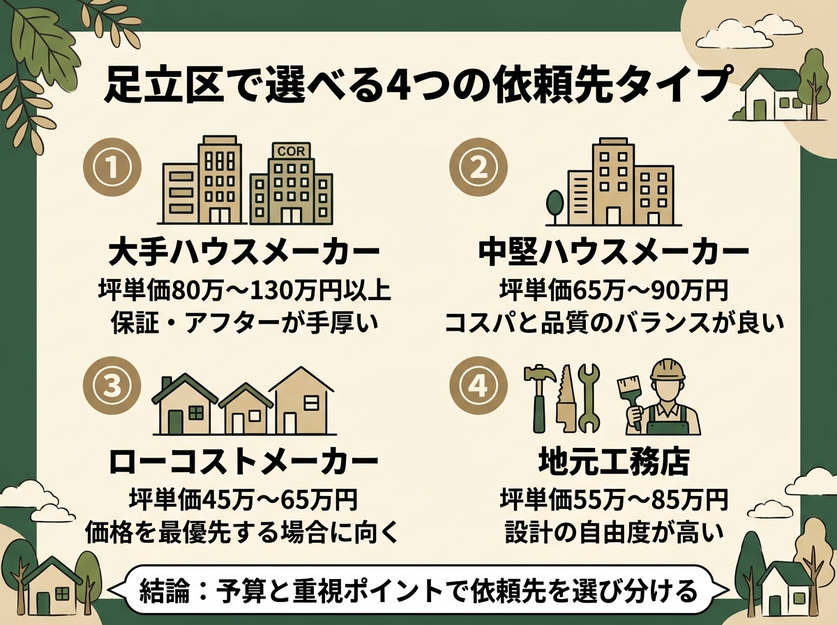 大手ハウスメーカー・中堅ハウスメーカー・ローコストメーカー・地元工務店という足立区で選べる4つの依頼先タイプを示す図解