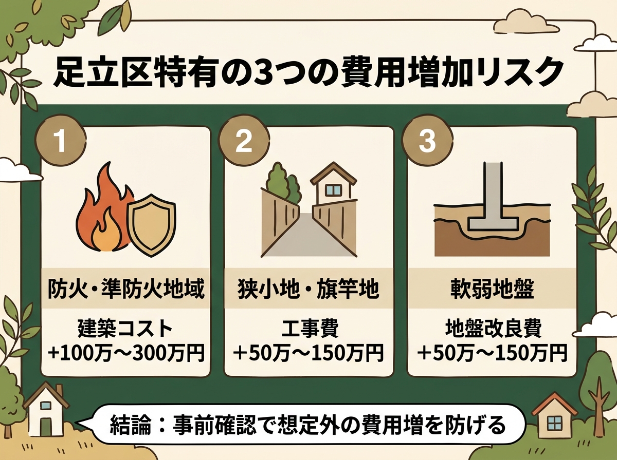 防火・準防火地域、狭小地・旗竿地、軟弱地盤という足立区特有の3つの費用増加リスクを示す図解