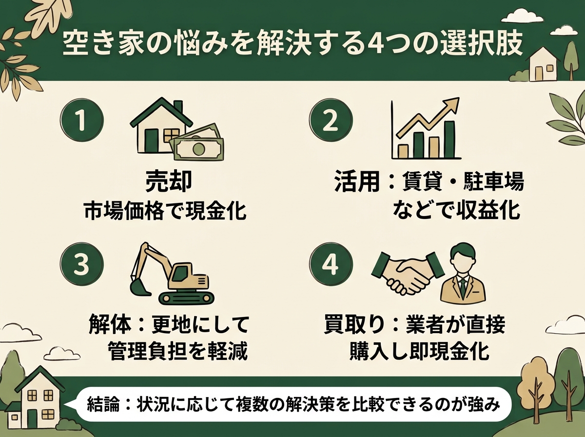 空き家の悩みを解決する4つの選択肢(売却・活用・解体・買取り)を示す図解