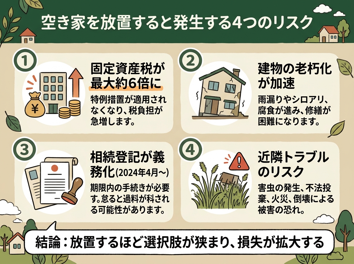 空き家を放置すると発生する4つのリスク(固定資産税最大6倍、老朽化加速、相続登記の義務化、近隣トラブル)を示す図解
