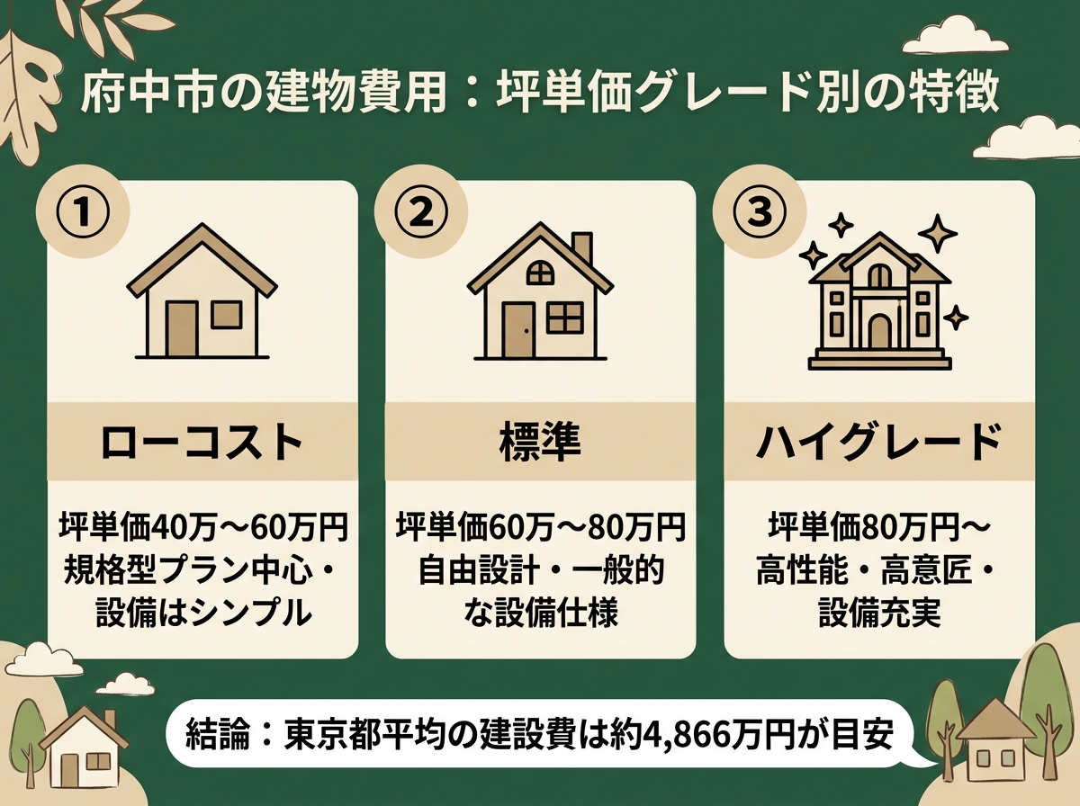 ローコスト・標準・ハイグレードという府中市の建物費用の坪単価グレード別特徴を示す図解