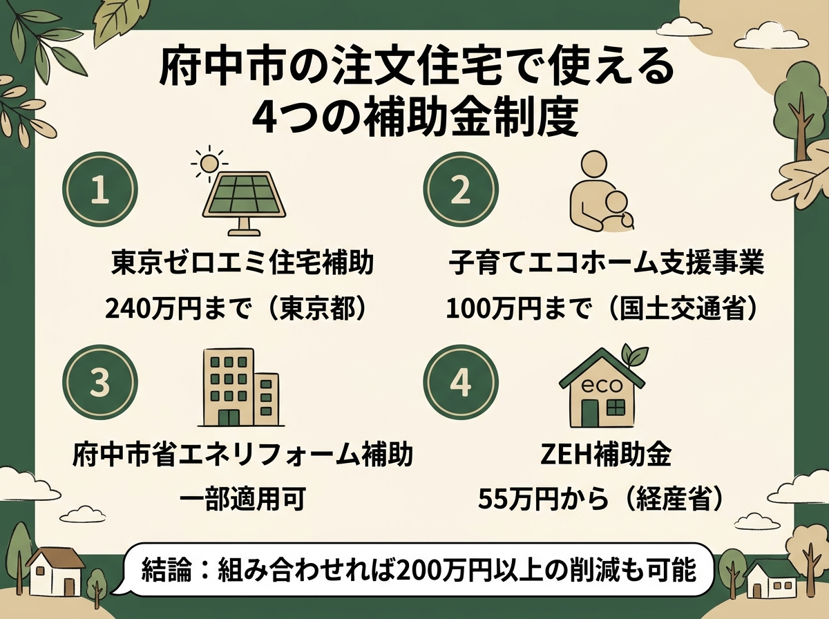 東京ゼロエミ住宅補助・子育てエコホーム支援事業・府中市省エネリフォーム補助・ZEH補助金という府中市で使える4つの補助金制度を示す図解