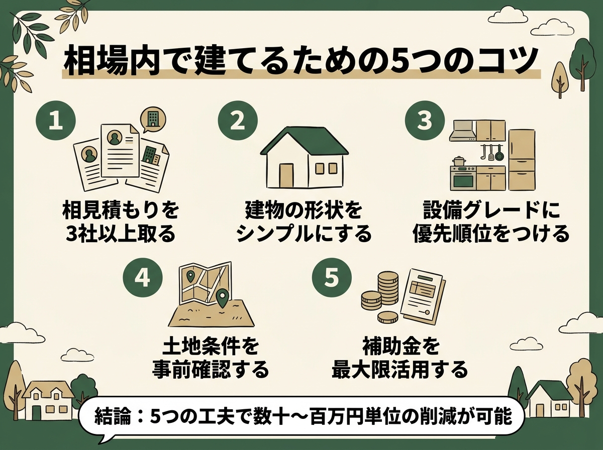 相見積もり・建物形状の簡素化・設備優先順位・土地条件確認・補助金活用という相場内で建てるための5つのコツを示す図解