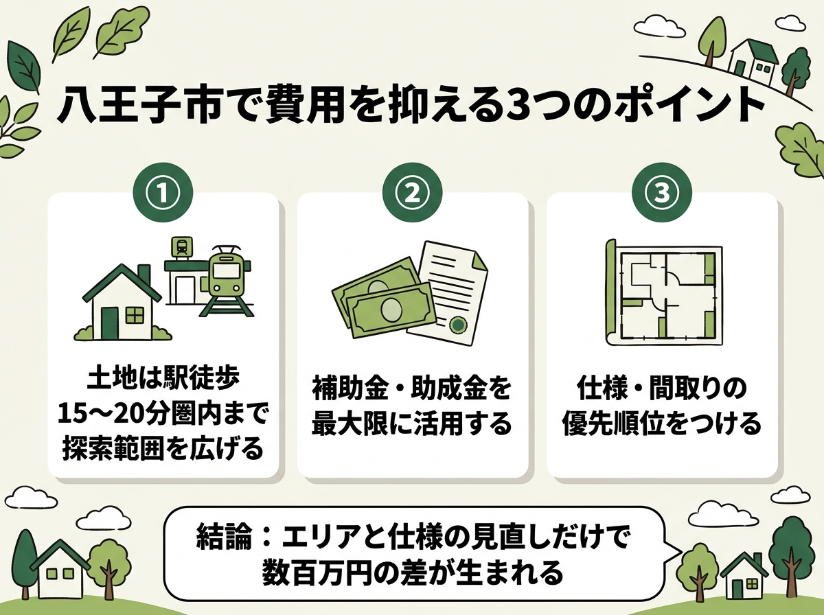 土地探索範囲拡大・補助金活用・仕様間取りの優先順位付けという八王子市で費用を抑える3つのポイントを示す図解