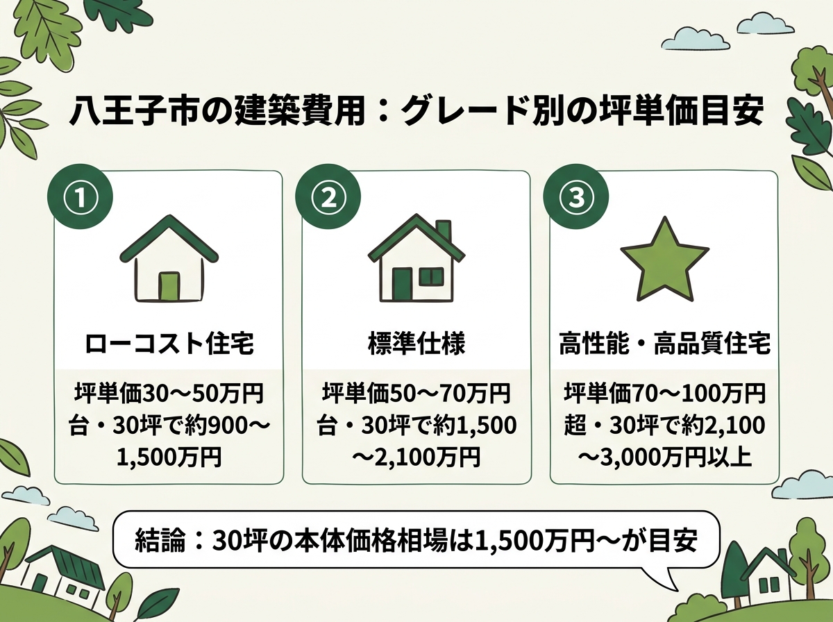 ローコスト住宅・標準仕様・高性能高品質住宅という八王子市の建築費用のグレード別坪単価目安を示す図解