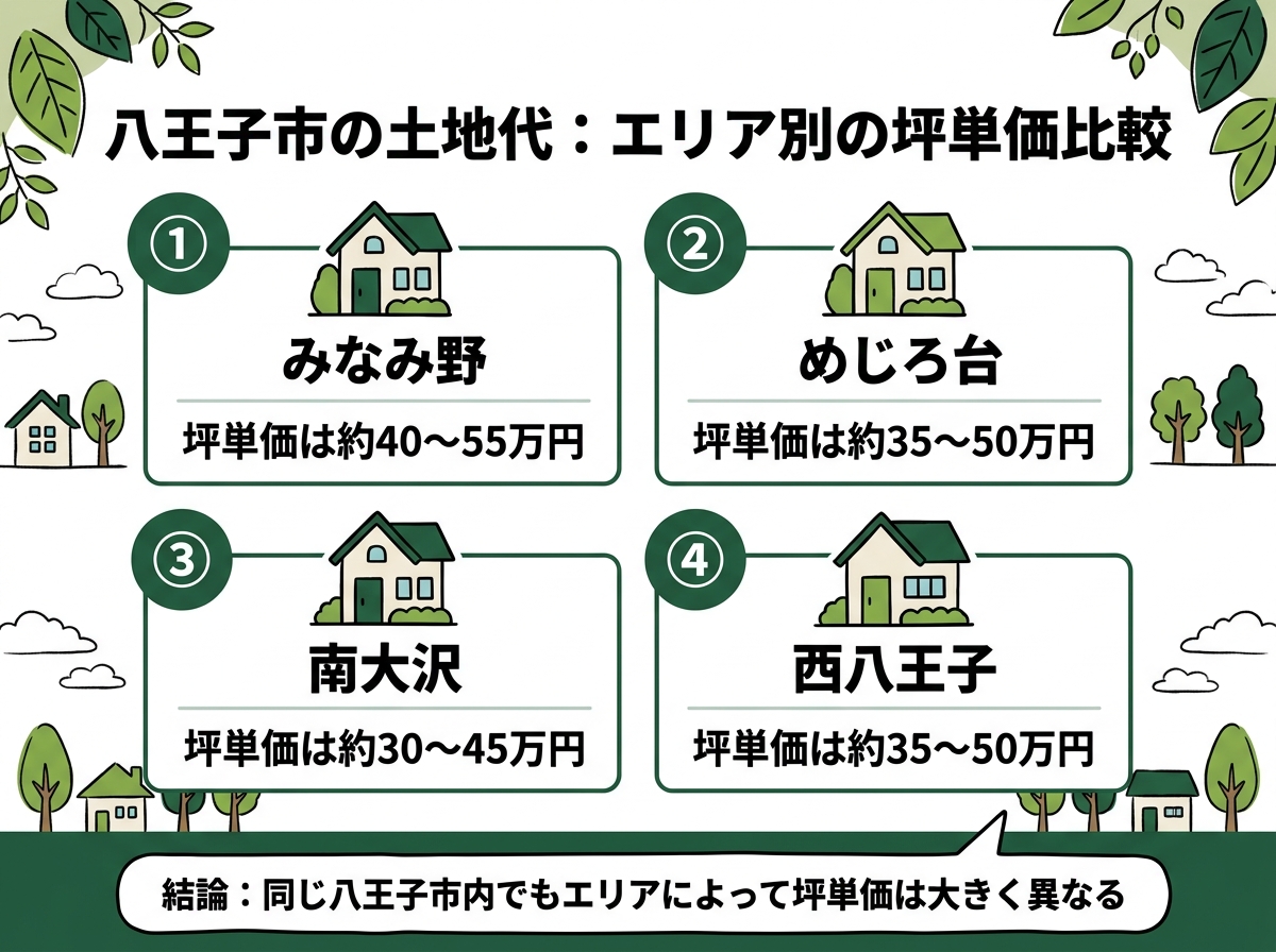 みなみ野・めじろ台・南大沢・西八王子という八王子市の土地代のエリア別坪単価比較を示す図解