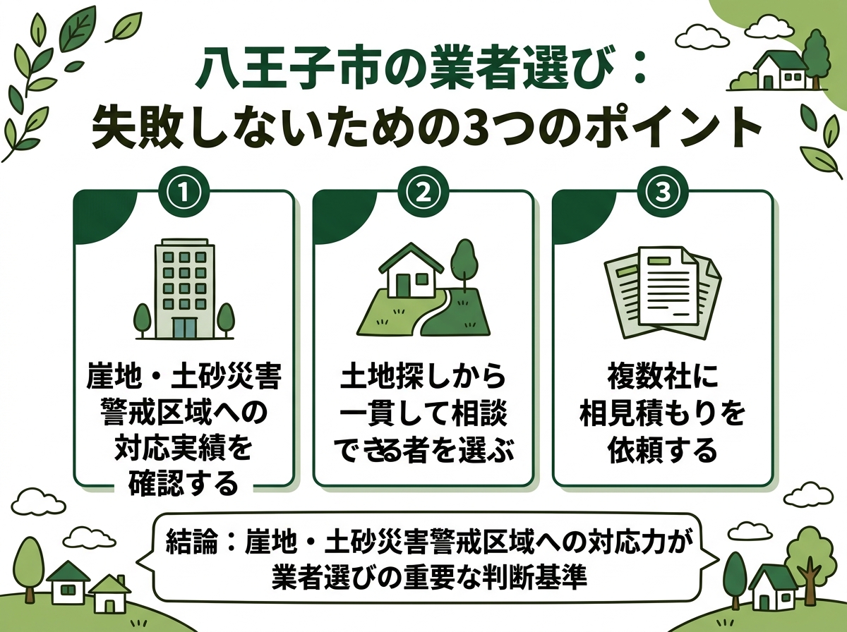 崖地・土砂災害対応実績確認・一貫相談・複数社相見積もりという八王子市の業者選びで失敗しないための3つのポイントを示す図解