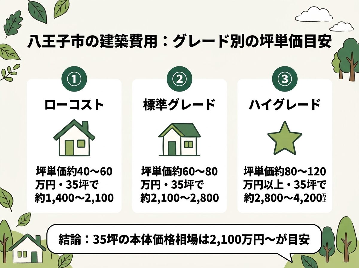 ローコスト・標準グレード・ハイグレードという八王子市の建築費用のグレード別坪単価目安を示す図解