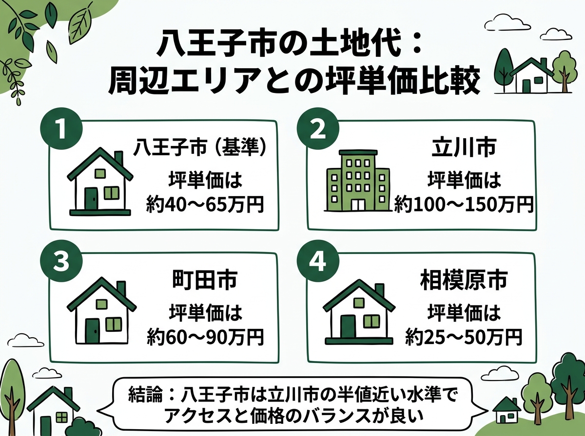 八王子市・立川市・町田市・相模原市という八王子市の土地代の周辺エリアとの坪単価比較を示す図解