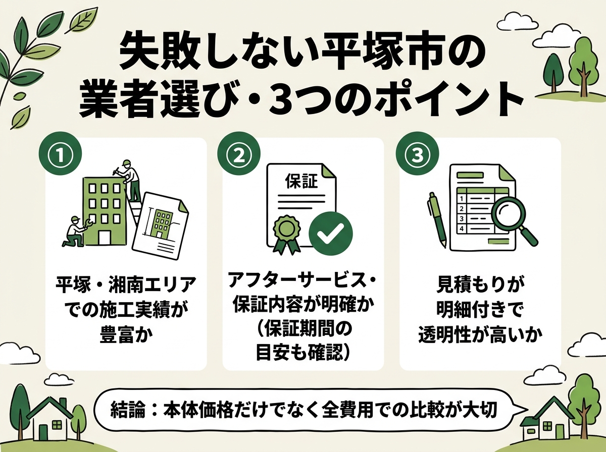 施工実績・保証内容・見積もり透明性という平塚市で失敗しない業者選びの3つのポイントを示す図解