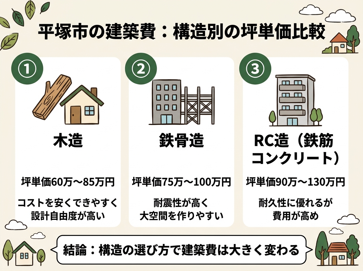 木造・鉄骨造・RC造という平塚市の建築費の構造別坪単価比較を示す図解