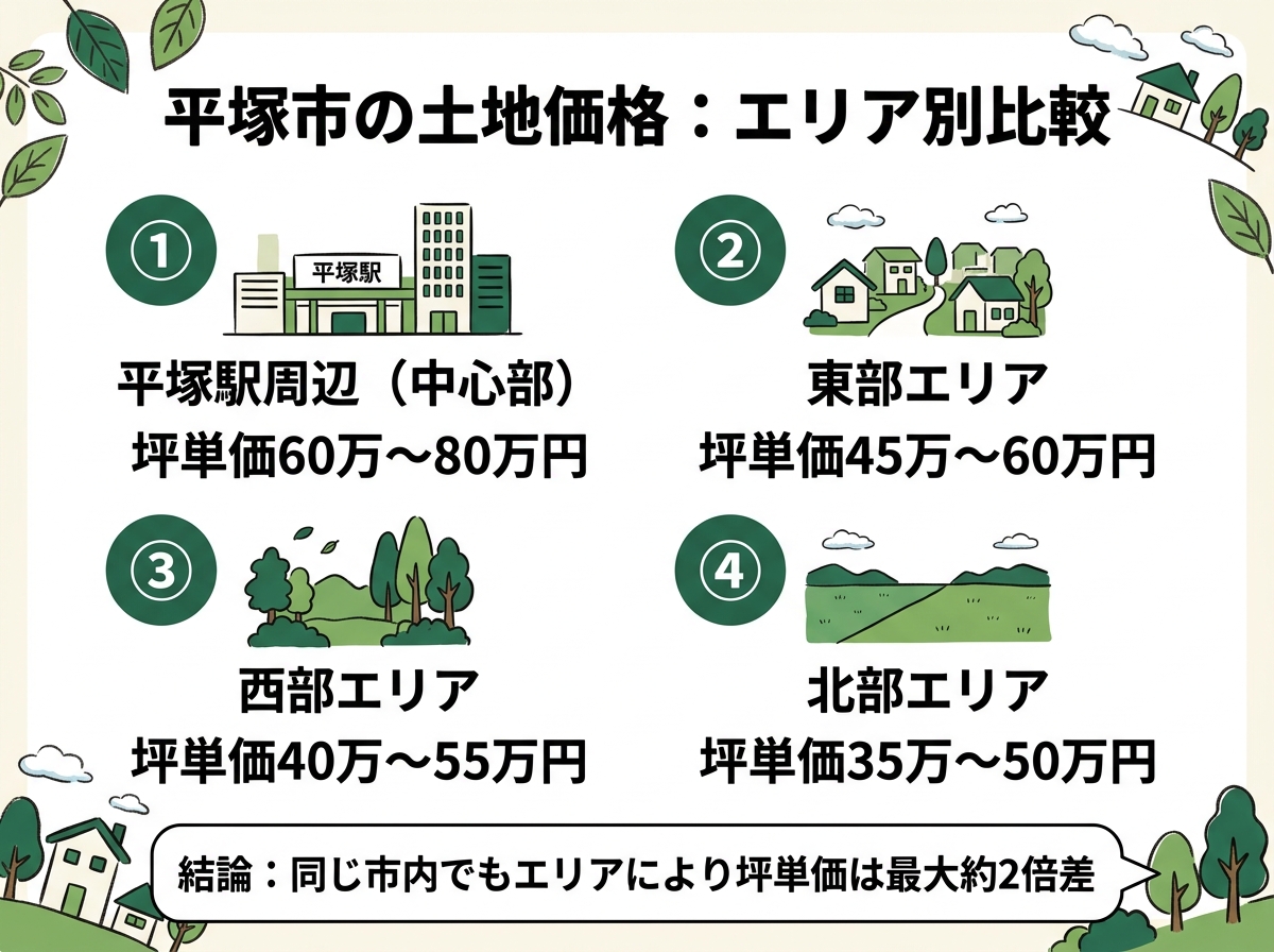 平塚駅周辺・東部・西部・北部という平塚市の土地価格のエリア別比較を示す図解