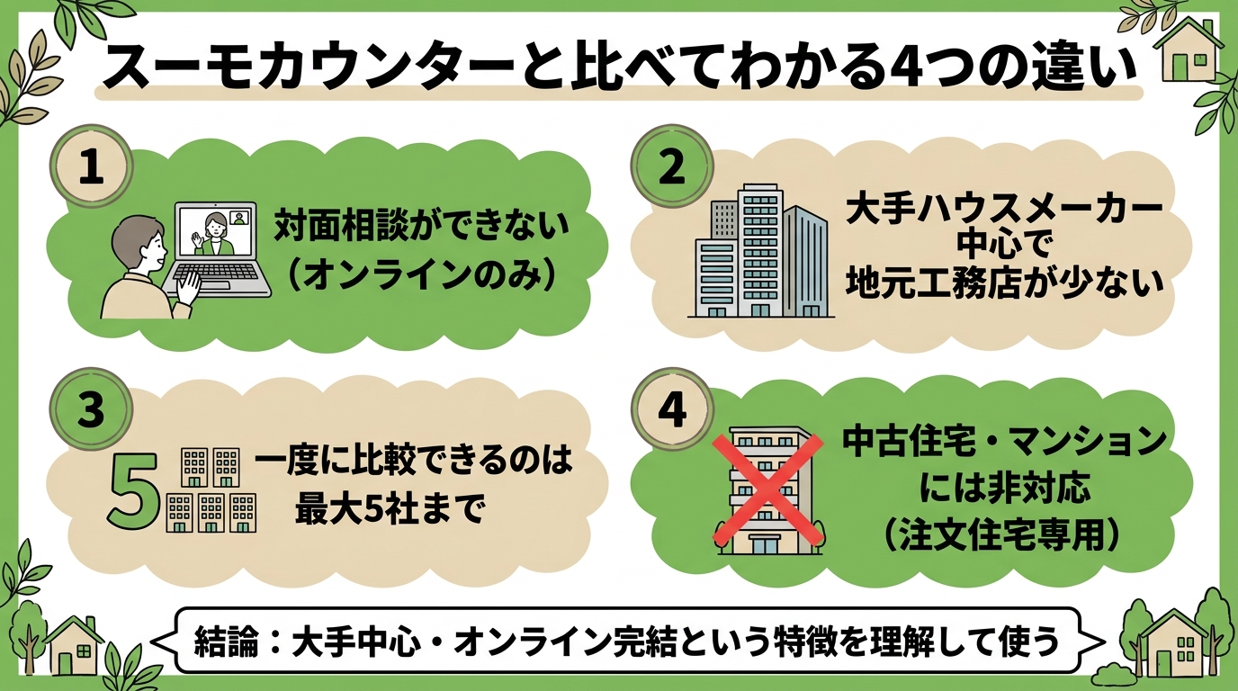 スーモカウンターと比べてわかる家づくりのとびら特有の4つの違い(対面相談不可、大手中心、最大5社比較、中古住宅非対応)を示す図解