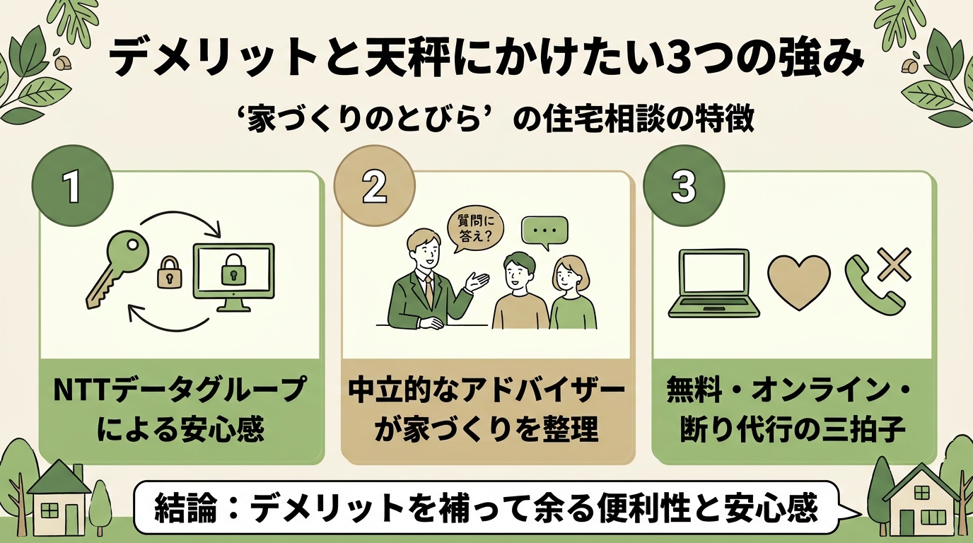 NTTデータグループによる安心感、中立的なアドバイザーによる整理、無料・オンライン・断り代行の三拍子という家づくりのとびらの3つの強みを示す図解
