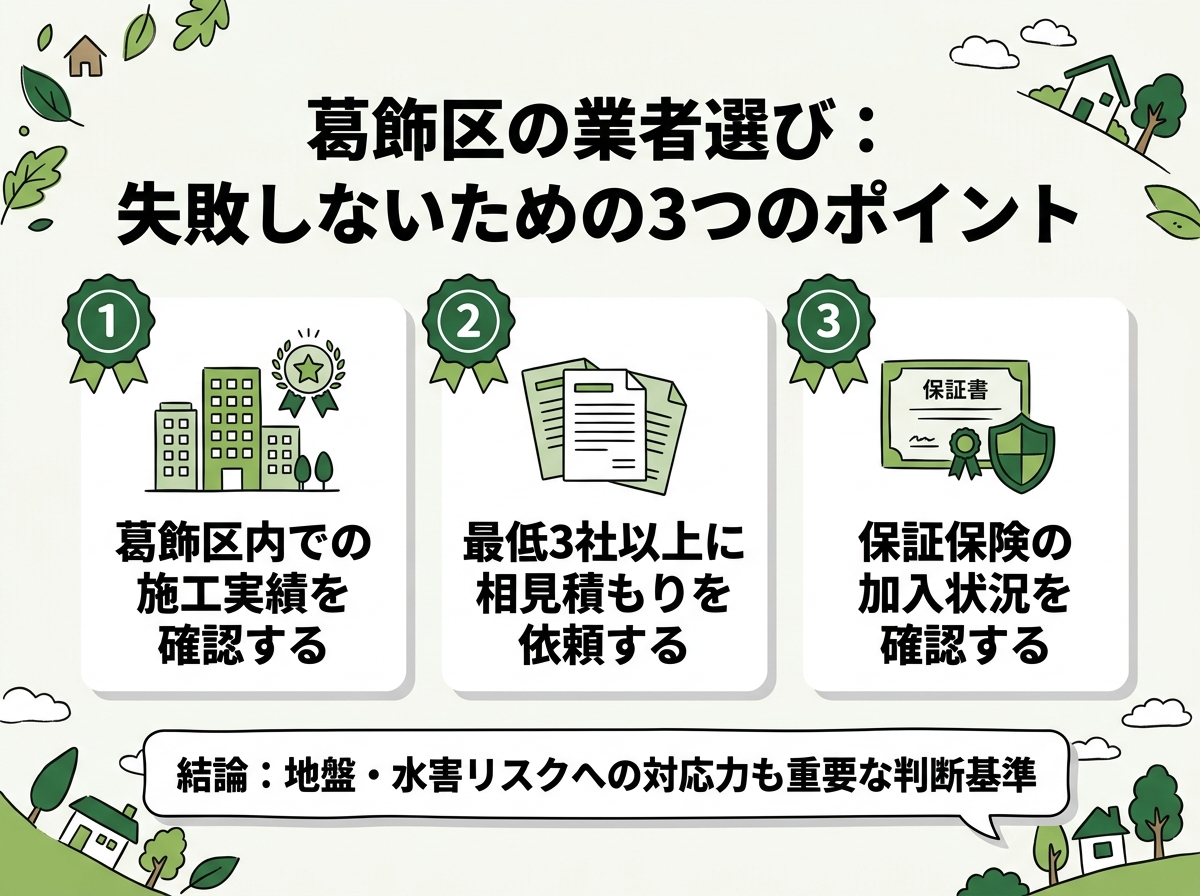 施工実績確認・複数社相見積もり・保証保険確認という葛飾区の業者選びで失敗しないための3つのポイントを示す図解