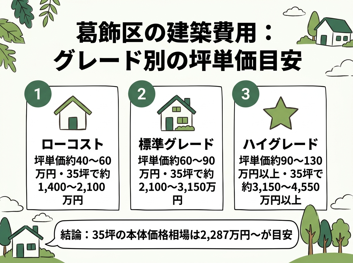 ローコスト・標準グレード・ハイグレードという葛飾区の建築費用のグレード別坪単価目安を示す図解
