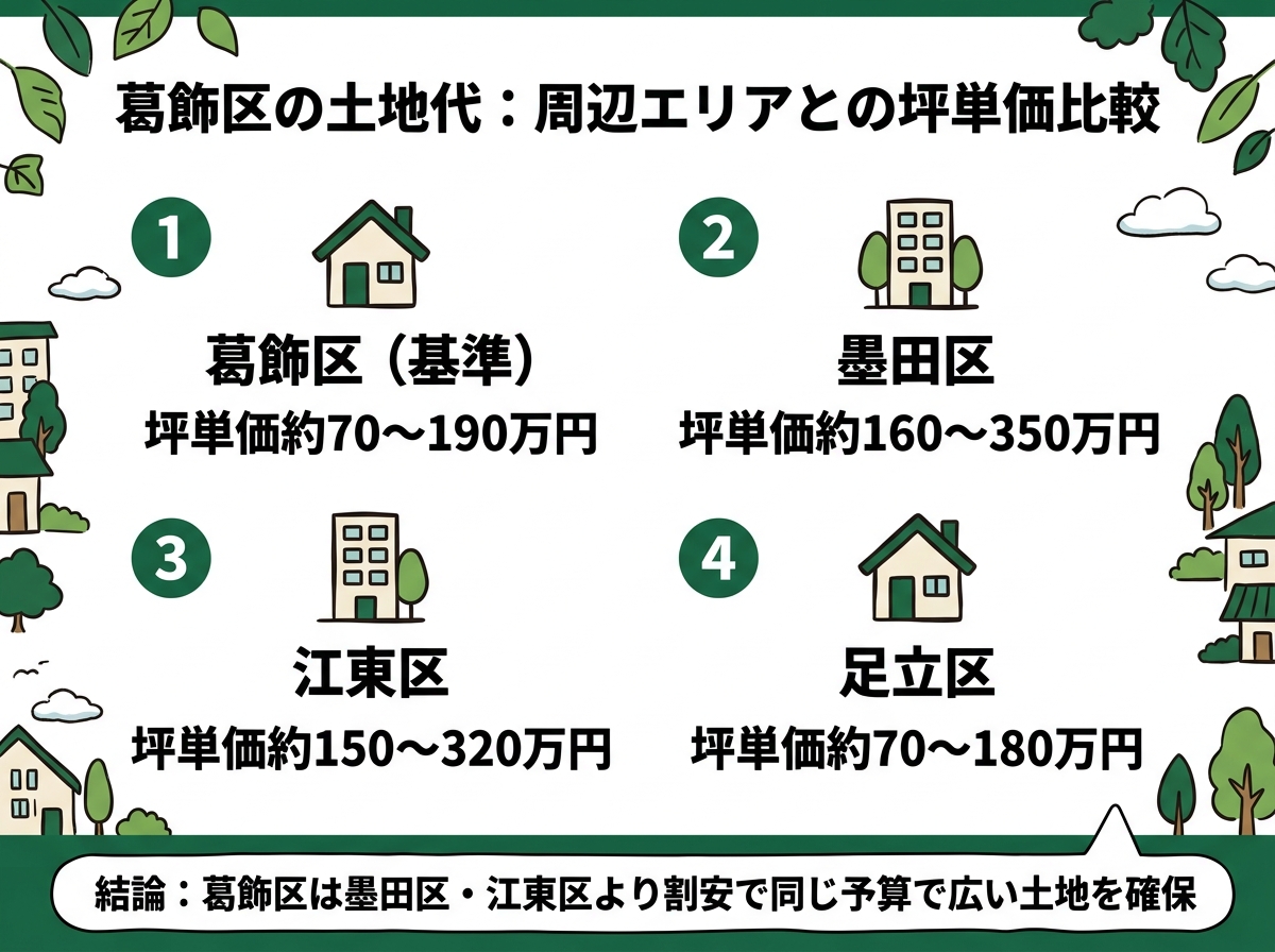 葛飾区・墨田区・江東区・足立区という葛飾区の土地代の周辺エリアとの坪単価比較を示す図解