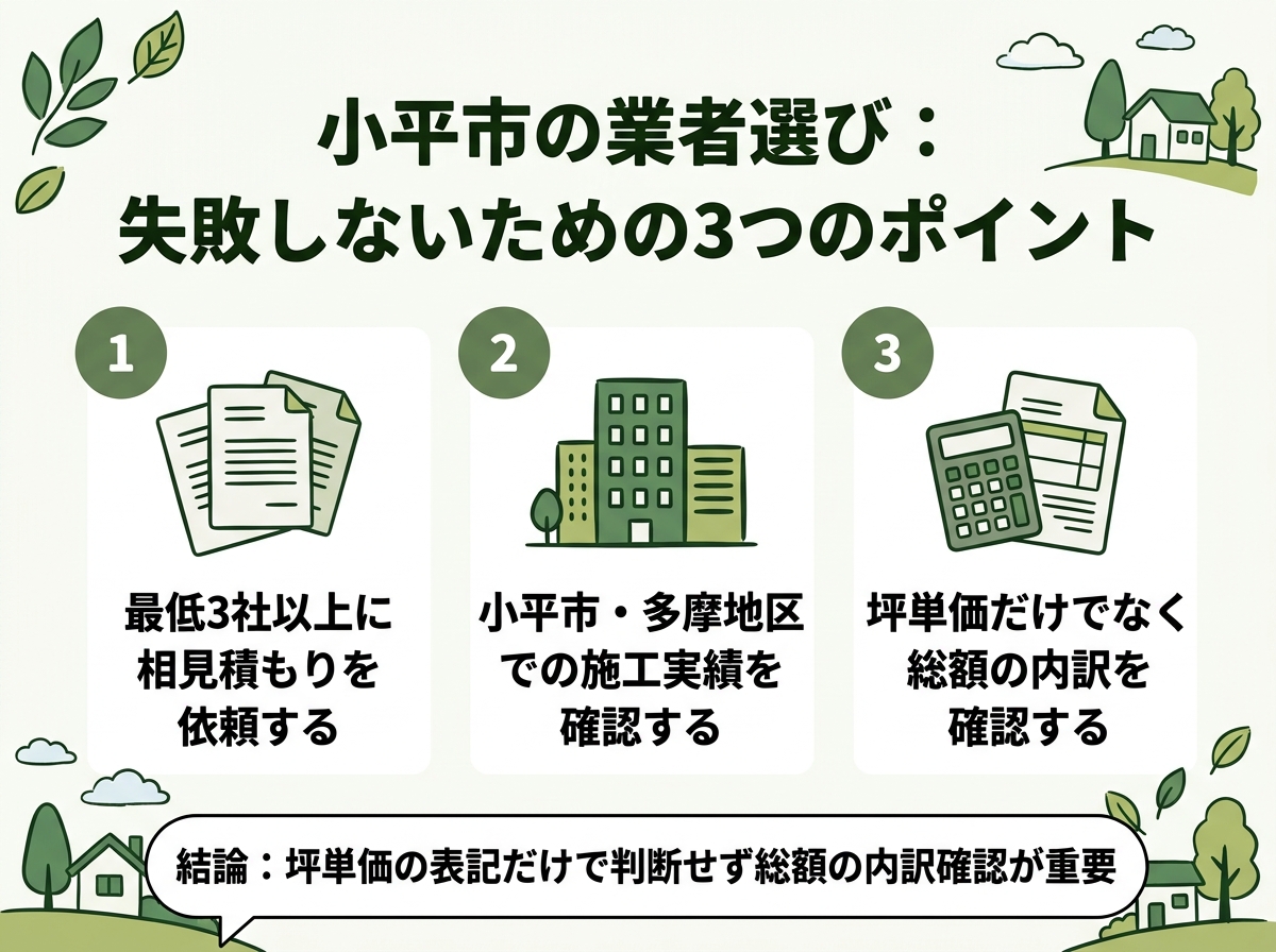 複数社相見積もり・施工実績確認・総額内訳確認という小平市の業者選びで失敗しないための3つのポイントを示す図解