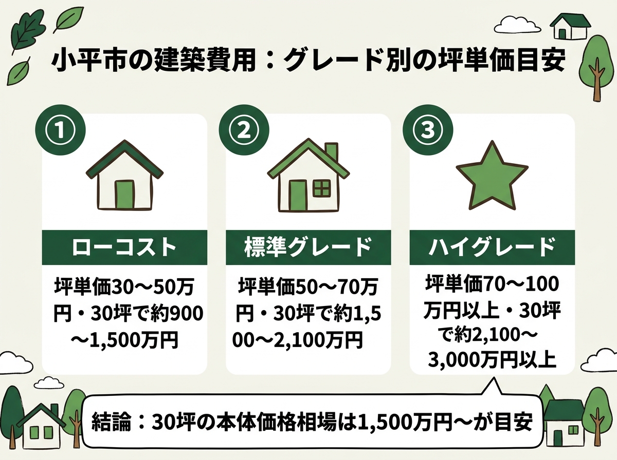 ローコスト・標準グレード・ハイグレードという小平市の建築費用のグレード別坪単価目安を示す図解