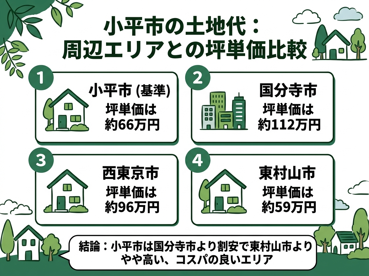 小平市・国分寺市・西東京市・東村山市という小平市の土地代の周辺エリアとの坪単価比較を示す図解
