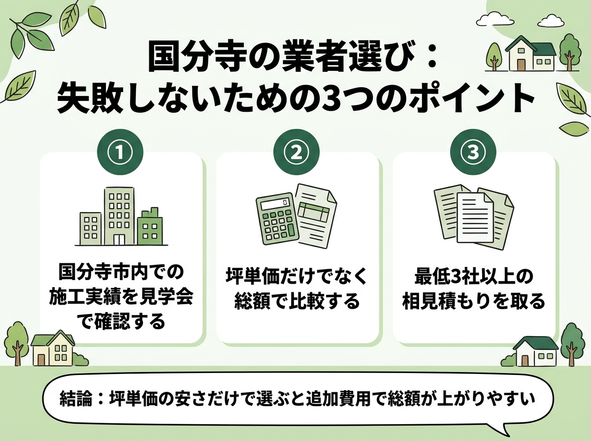 施工実績確認・総額比較・複数社相見積もりという国分寺の業者選びで失敗しないための3つのポイントを示す図解