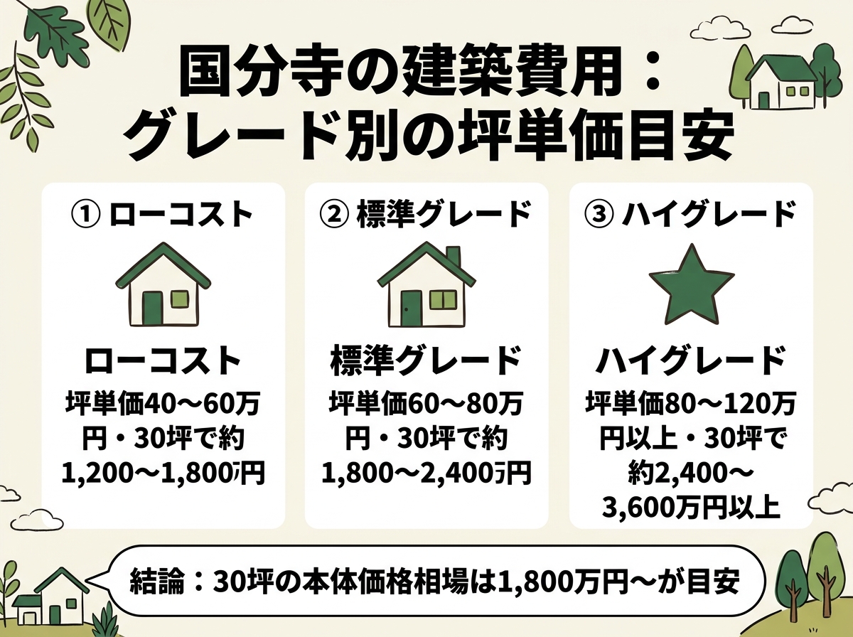 ローコスト・標準グレード・ハイグレードという国分寺の建築費用のグレード別坪単価目安を示す図解