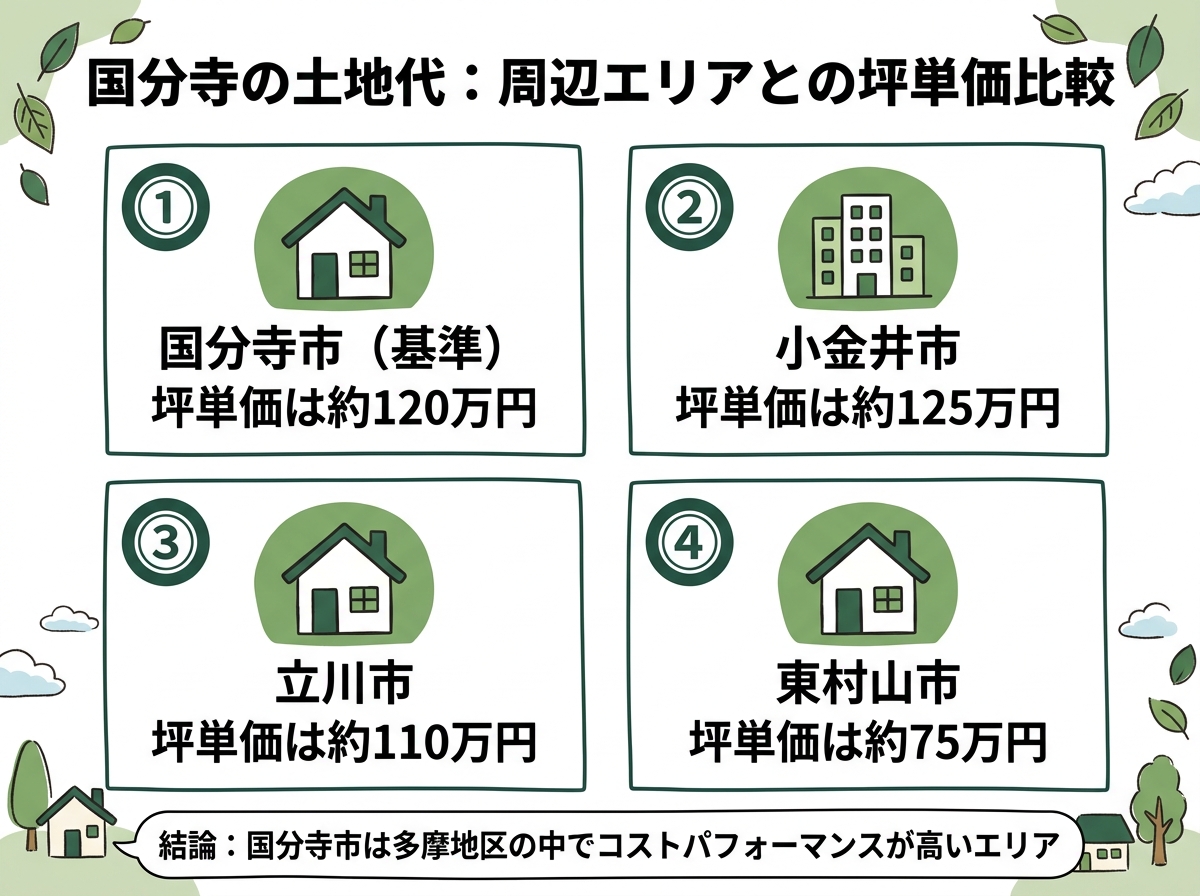 国分寺市・小金井市・立川市・東村山市という国分寺の土地代の周辺エリアとの坪単価比較を示す図解