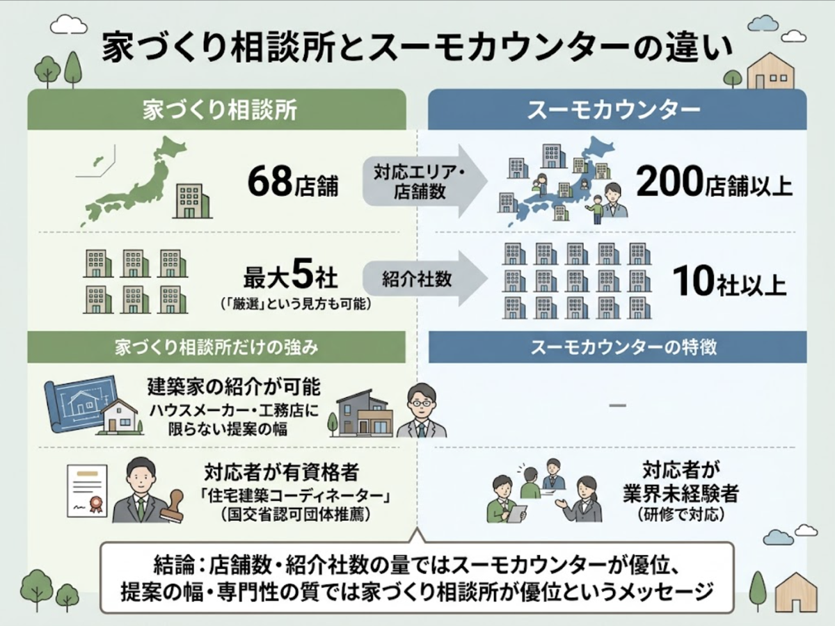 家づくり相談所とスーモカウンターの違いを、店舗数・紹介社数・建築家紹介の可否・対応者の資格の観点で比較した図解