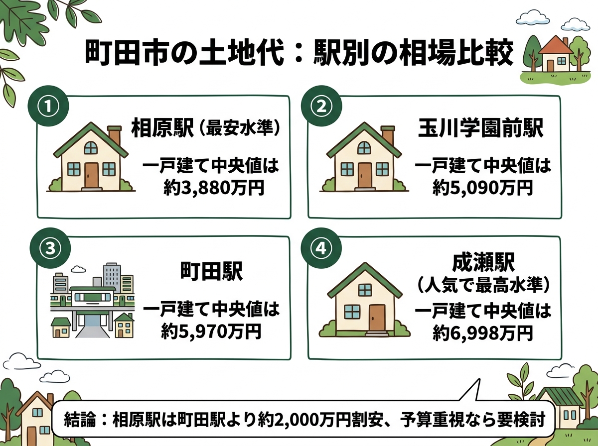 相原駅・玉川学園前駅・町田駅・成瀬駅という町田市の土地代の駅別相場比較を示す図解