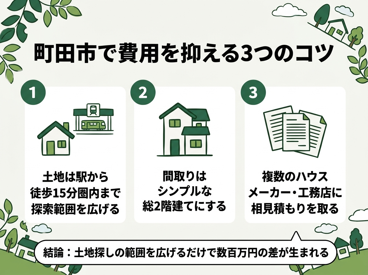 土地探索範囲拡大・シンプルな間取り・複数社相見積もりという町田市で費用を抑える3つのコツを示す図解