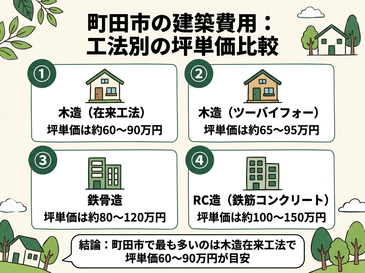 木造在来工法・木造ツーバイフォー・鉄骨造・RC造という町田市の建築費用の工法別坪単価比較を示す図解