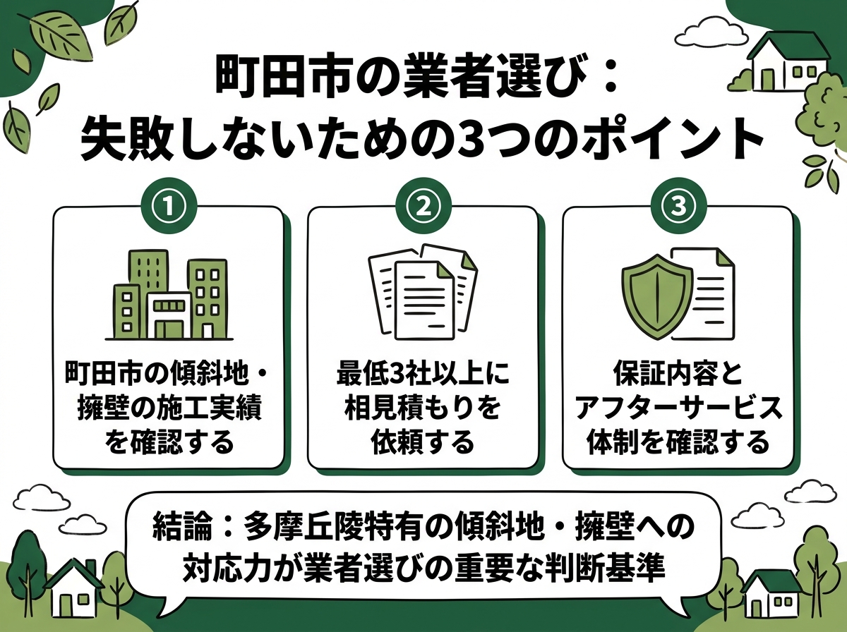 傾斜地擁壁の施工実績確認・複数社相見積もり・保証アフターサービス確認という町田市の業者選びで失敗しないための3つのポイントを示す図解