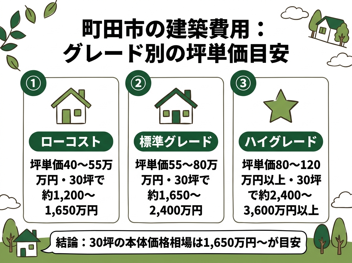 ローコスト・標準グレード・ハイグレードという町田市の建築費用のグレード別坪単価目安を示す図解