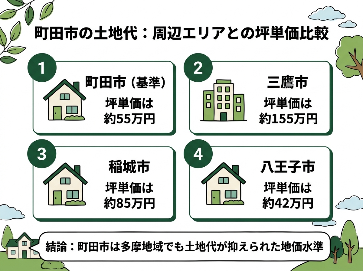 町田市・三鷹市・稲城市・八王子市という町田市の土地代の周辺エリアとの坪単価比較を示す図解