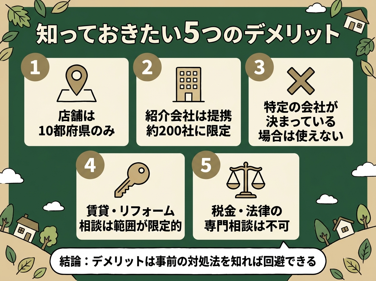 住まいの窓口の5つのデメリット(店舗10都府県のみ、提携約200社限定、特定会社不可、賃貸リフォーム限定的、税金法律相談不可)を示す図解