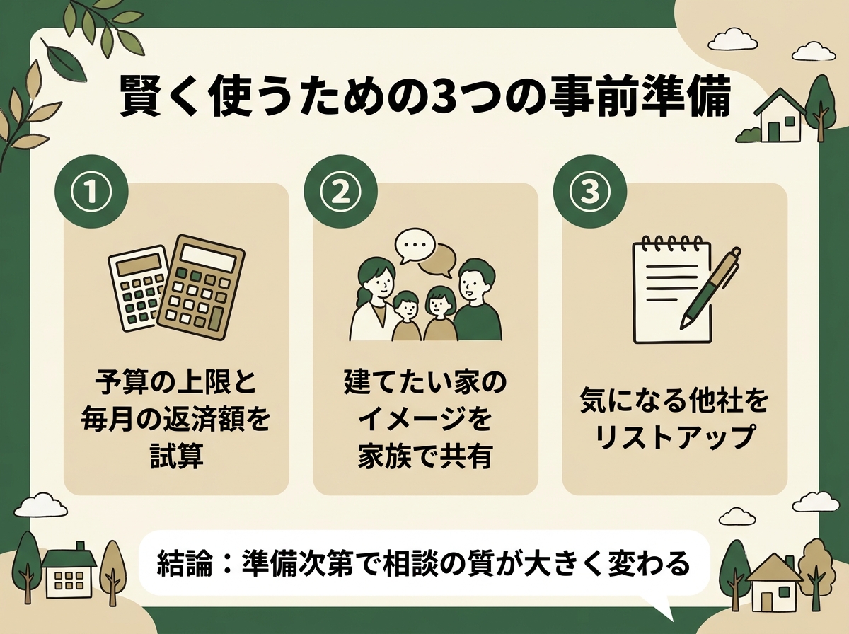 予算試算、家族でのイメージ共有、他社リストアップという賢く使うための3つの事前準備を示す図解