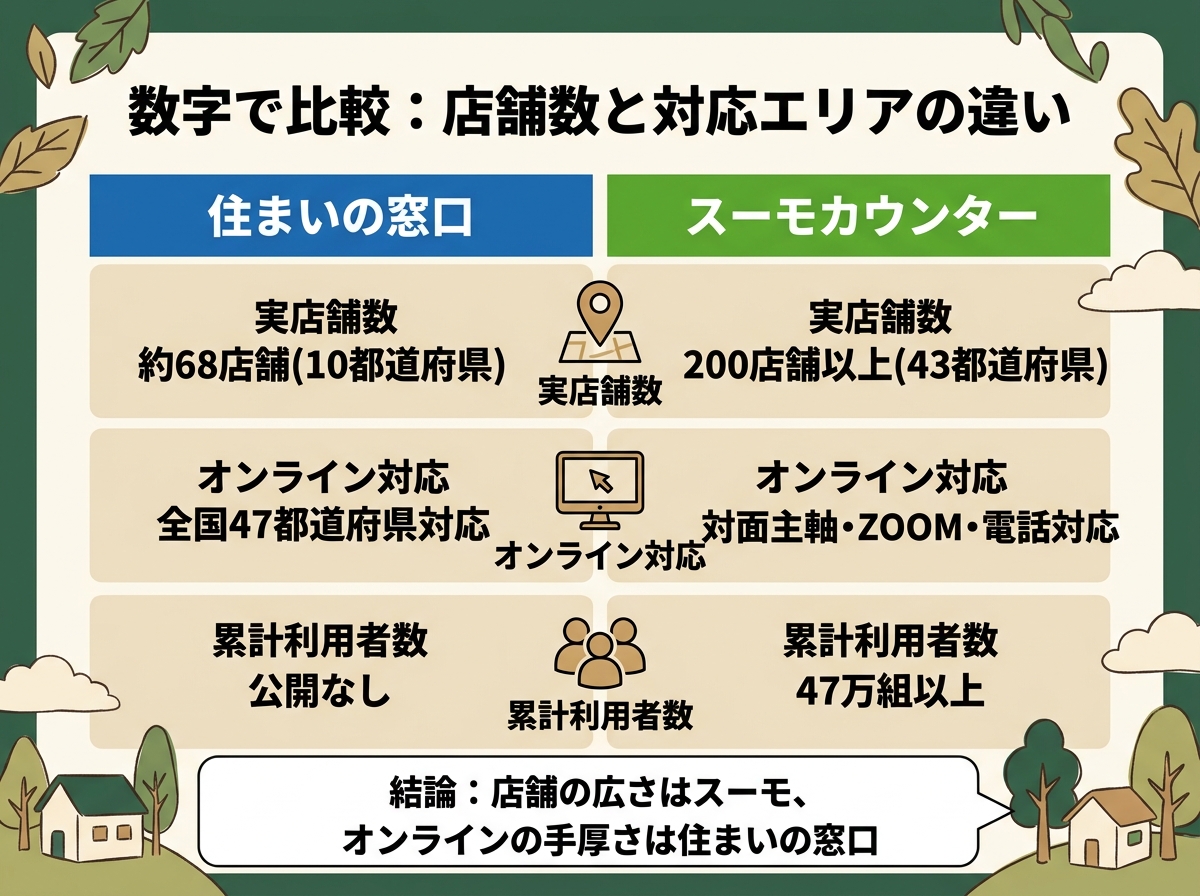 住まいの窓口(約68店舗・10都道府県)とスーモカウンター(200店舗以上・43都道府県)の実店舗数・オンライン対応・累計利用者数を比較した図解