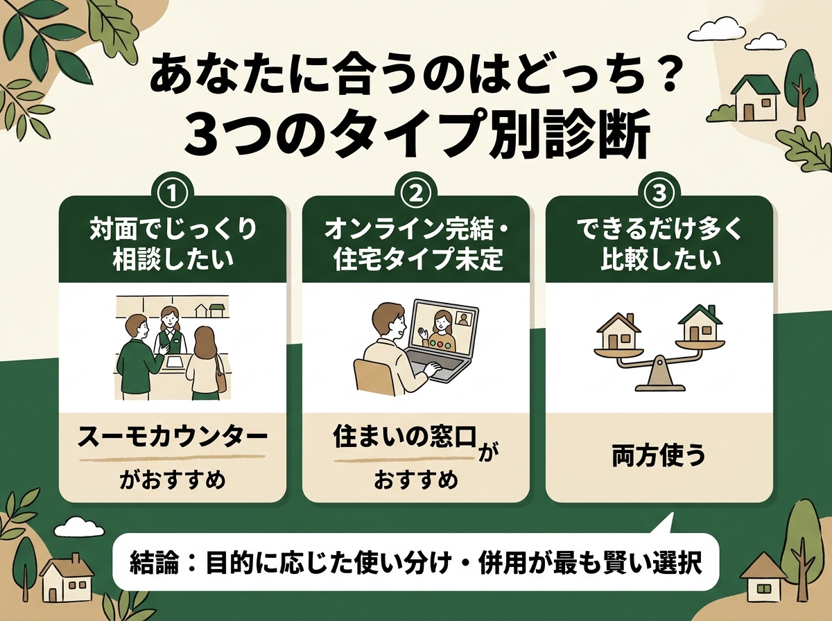 対面相談重視ならスーモカウンター、オンライン完結・住宅タイプ未定なら住まいの窓口、幅広く比較したいなら両方使うという3タイプ別の選び方を示す図解