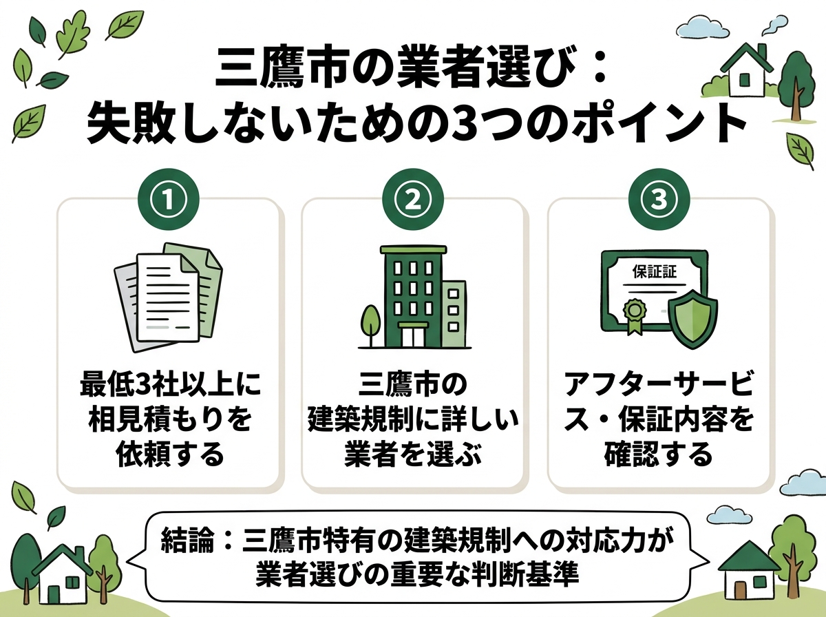 複数社相見積もり・建築規制対応確認・アフターサービス確認という三鷹市の業者選びで失敗しないための3つのポイントを示す図解
