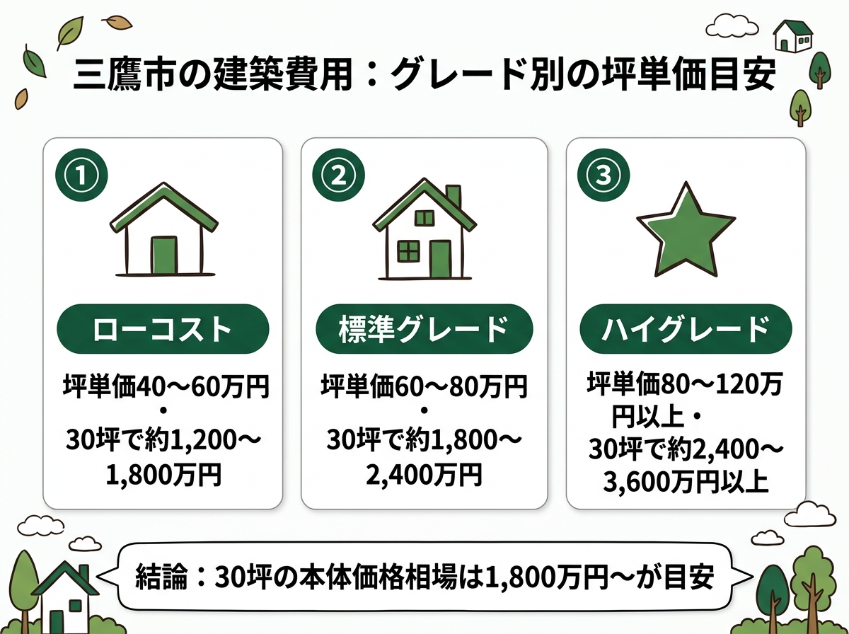 ローコスト・標準グレード・ハイグレードという三鷹市の建築費用のグレード別坪単価目安を示す図解