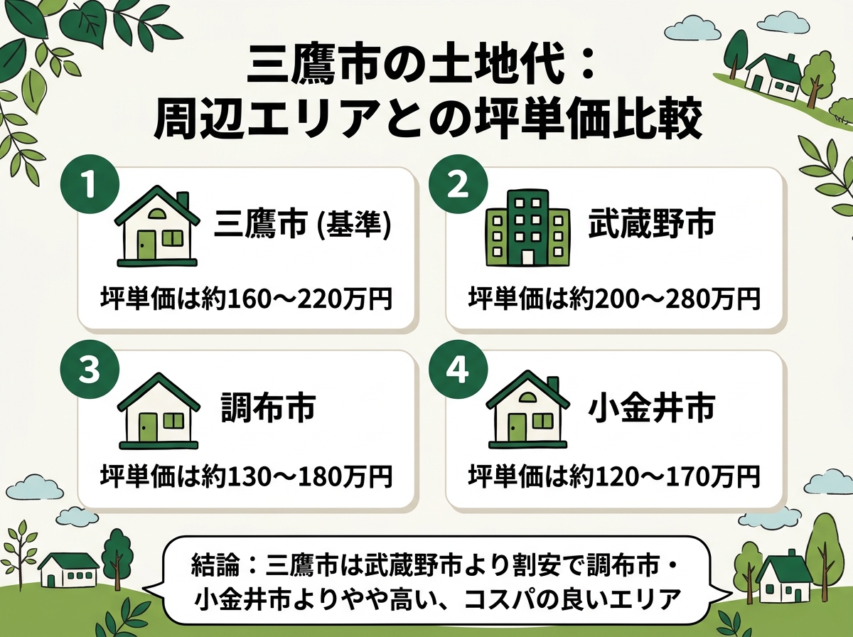 三鷹市・武蔵野市・調布市・小金井市という三鷹市の土地代の周辺エリアとの坪単価比較を示す図解