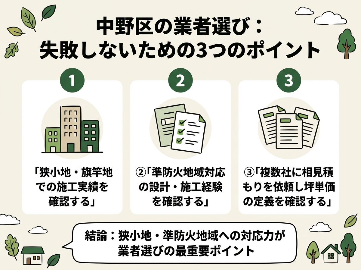 狭小地施工実績確認・準防火地域対応確認・複数社相見積もりという中野区の業者選びで失敗しないための3つのポイントを示す図解