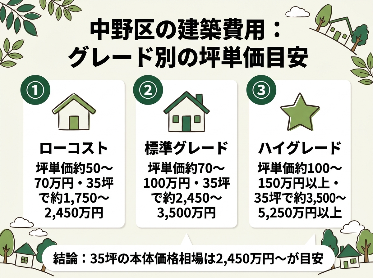 ローコスト・標準グレード・ハイグレードという中野区の建築費用のグレード別坪単価目安を示す図解