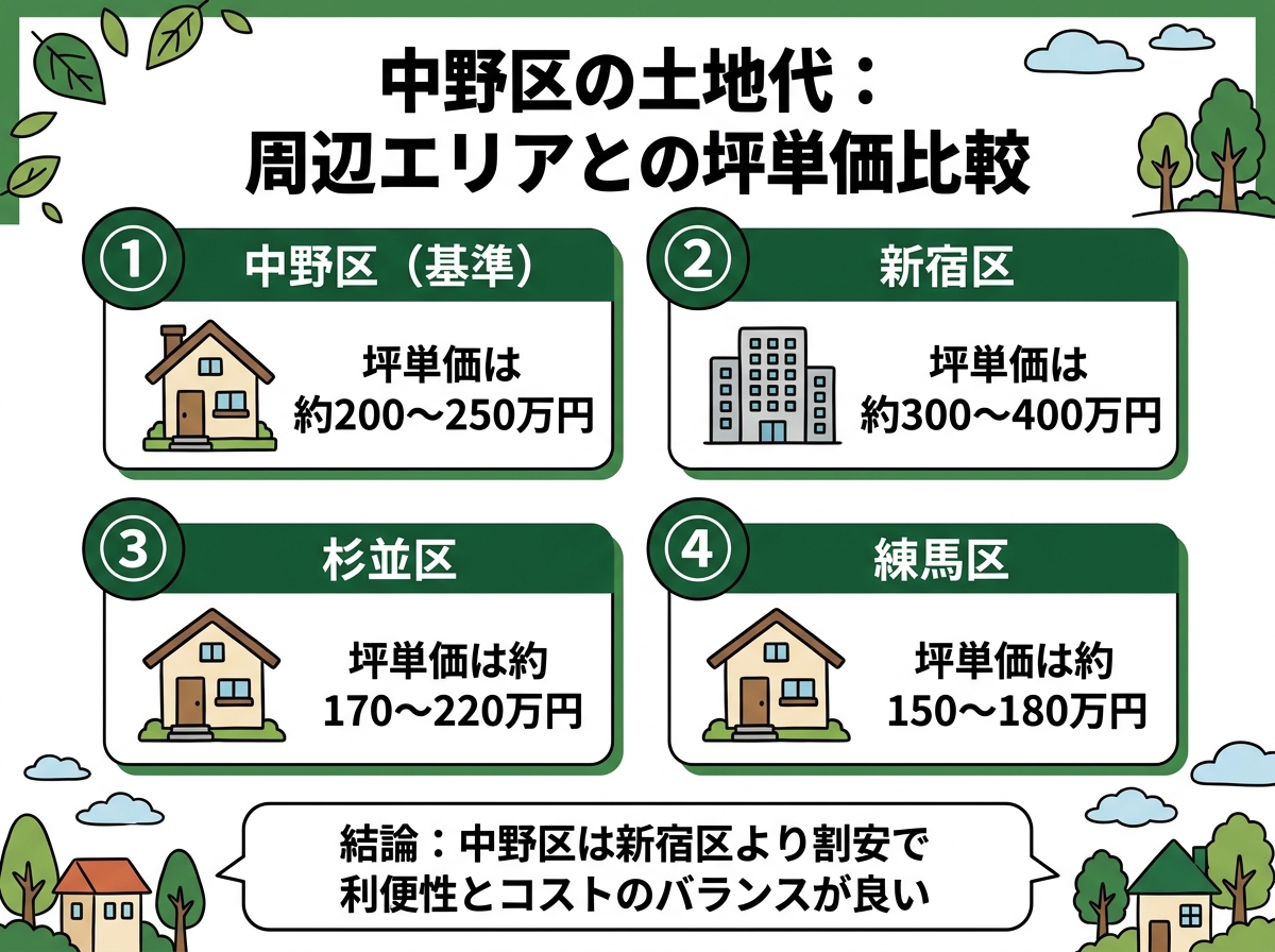 中野区・新宿区・杉並区・練馬区という中野区の土地代の周辺エリアとの坪単価比較を示す図解