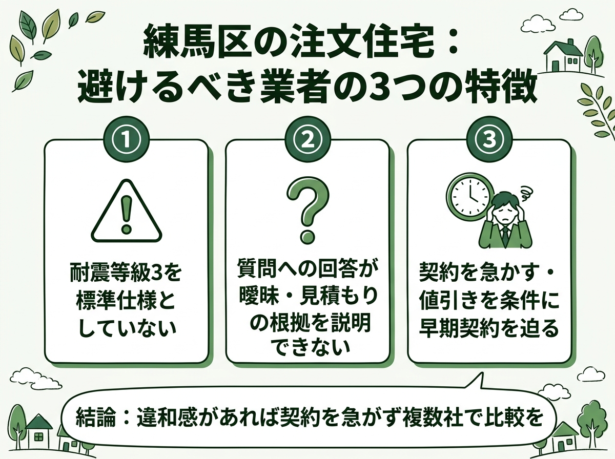 耐震等級・見積もり根拠の説明・契約の急かしという練馬区で避けるべき業者の3つの特徴を示す図解