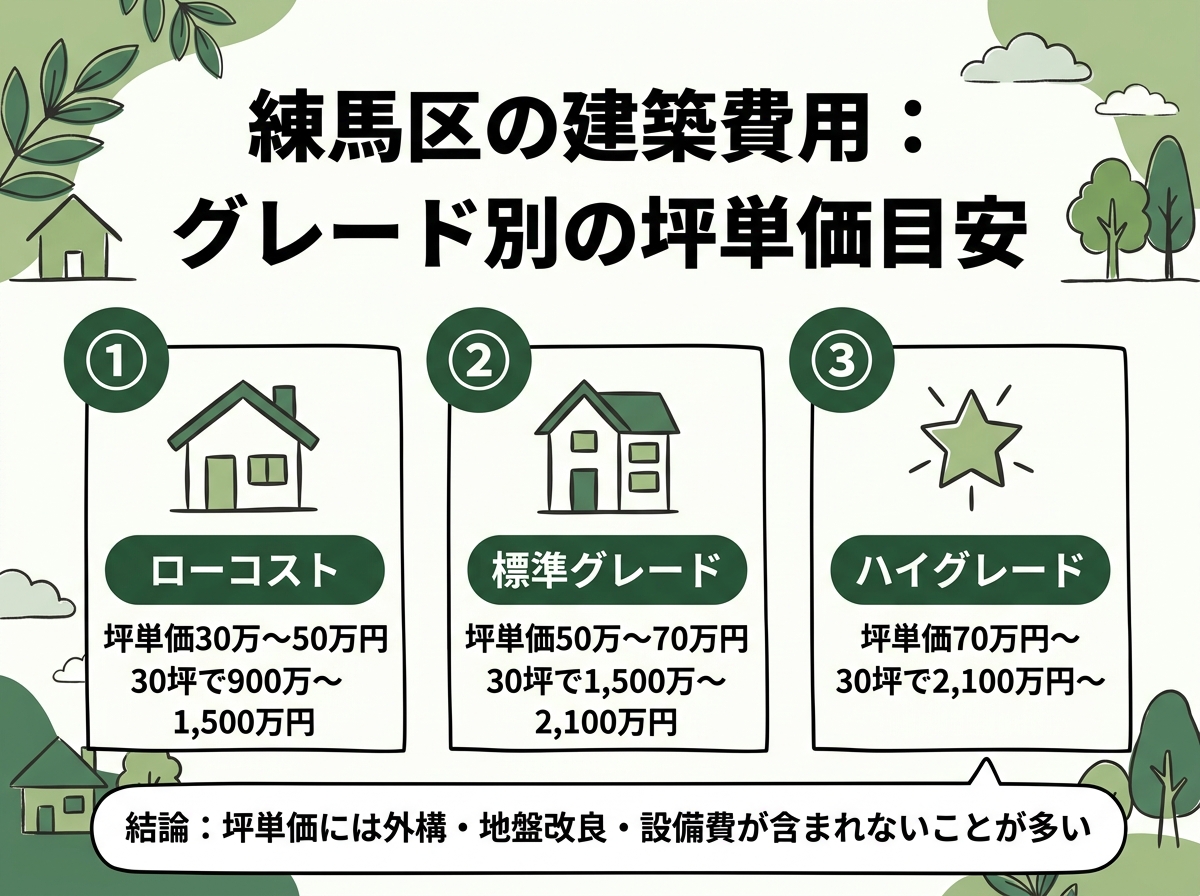 ローコスト・標準グレード・ハイグレードという練馬区の建築費用のグレード別坪単価目安を示す図解